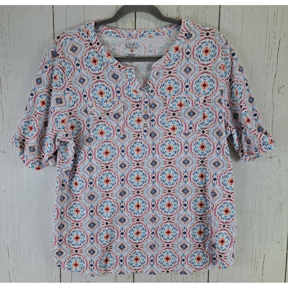 Croft Barrow Size XL Womens Multicolor Floral Short Sleeve Button Up Blouse